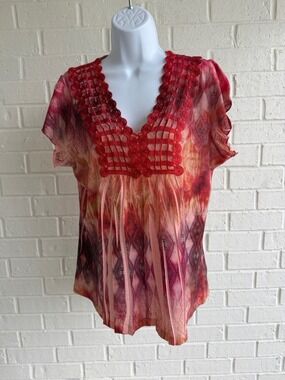 Apt. 9 Red, Coral Ombre, Tunic with Crochet V-Neck  Attachment Size XL Women’s